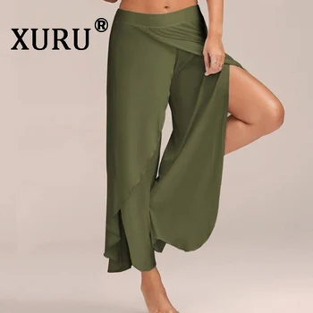 XURU Yaz Yeni kadın Seksi Çapraz açılış Geniş bacak Pantolon kadın pantolonları Düz Renk Pamuk Kaliteli Gevşek pantolon XL S-3XL-5XL