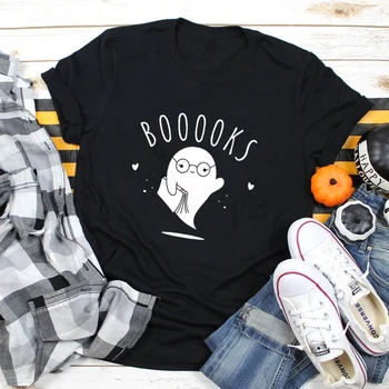 Booooks Hayalet %100 % pamuklu tişört Komik Cadılar Bayramı Hediye Tshirt Öğretmen İçin Sevimli kadın Grafik Kitap Okuma Tee Üst Camiseta