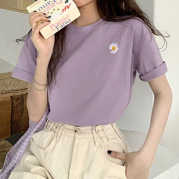 Yeni kore Çiçekler nakış Kadın T-shirt 2021 Yaz Kısa Kollu Basit Tee gömlek Femme Casual Gevşek t shirt Camisetas Mujer