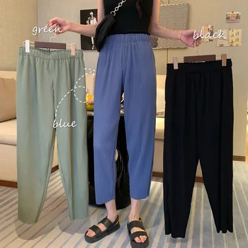 Kadın Kırpılmış Pantolon Sıvı kapri pantolonlar Geniş Bacak Kore Tarzı Moda Yüksek Bel Gevşek Ayak Bileği Uzunlukta kadın Yaz Culottes