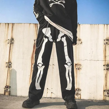 Erkek Gotik Kafatası Kemikleri Baskı Şalvar Kot Hip Hop Düz Kot Kargo Pantolon Cadılar Bayramı Unisex Çift Pantolon Streetwear