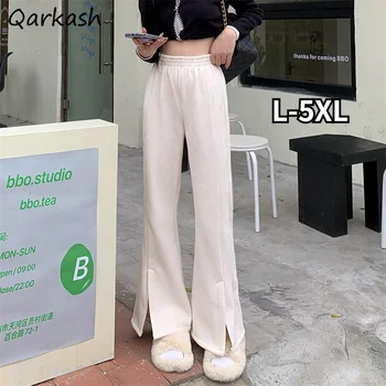 Rahat pantolon Kadın L-5XL Baggy Kalınlaşma Sonbahar Şık Katı Bayanlar Sokak Giyim BF Tarzı Flare Pantolon Şık Tüm Maç Kore