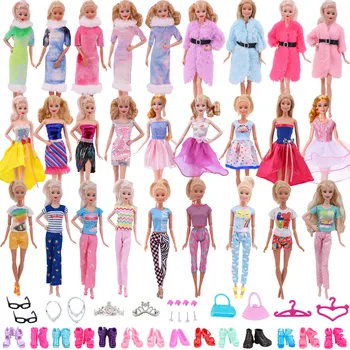 Barbie oyuncak bebek giysileri Moda Elbise Ucuz Üst + Pantolon Takım Elbise Kürk Ceket Barbie BJD Bebek Aksesuarları Çanta Taç Askıları Gözlük