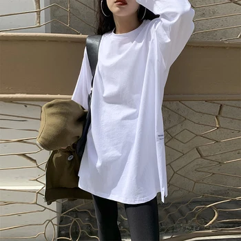 Büyük boy T Shirt Kadın Kore Gevşek Beyaz Gömlek Yaz Uzun Kollu Temel Bölünmüş Bluz Casual Katı O Boyun Ince Üstleri