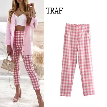 TRAF 2021 Kadın pembe pantolon İlkbahar Sonbahar Vintage Ekose Yüksek Belli Pantolon Kadın Zarif Pantolon Kadın Fermuar Düz Pantolon
