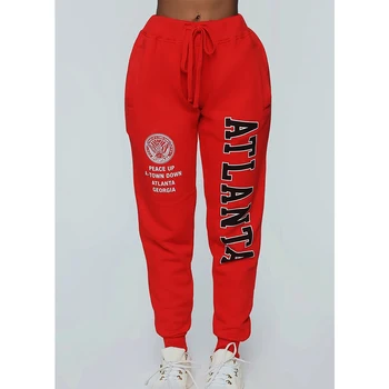 Sıcak Hip Hop Streetwear ATLANTA Mektuplar Baskılı Kırmızı İpli Sweatpants Kadın Alt pantolon 2021 Yeni Yüksek Belli Joggers Gevşek