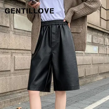 Siyah Suni PU Deri Kadın yarım pantolon Elastik Yüksek Bel Geniş Bacak Pantolon Vintage Kadın Gevşek OversizedOversized Pantolon 2021