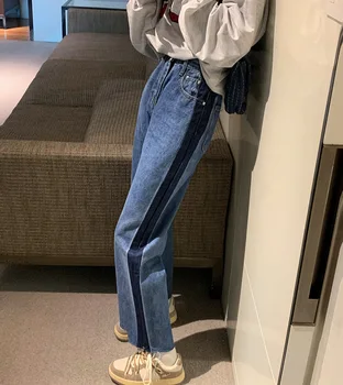Yüksek Bel Kot Kadın Yan Çizgili Patchwork Harajuku Vintage Düz Gevşek Denim Pantolon Kore Yeni Bahar İnce Rahat Pantolon