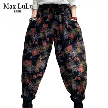 Max LuLu Bayan Gevşek Baskı Tasarım Çiçek Vintage Denim Pantolon Yeni 2022 Bahar İngiliz Tarzı günlük kot Elastik harem pantolon