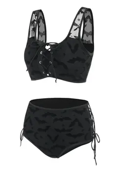 Yarasa Hilal Örgü Dantel-Up Yastıklı bikini seti Kadın Moda Yaz Tankini Mayo İki Adet Mayo Beachwear