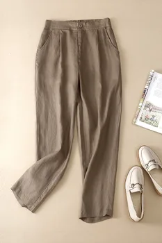 Basit harem pantolon Kadın Moda Yaz Rahat Gevşek Elastik Bel Keten Nefes Rahat Katı Haki Kırpılmış Pantolon Yeni