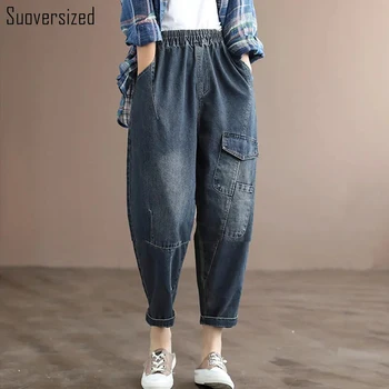 Tasarım Cep Ağartılmış Streetwear Yüksek Bel Kapriler Kot Pantolon Retro Casual Baggy Kadın Harem Jean Şık Düz İnek Erkek Pantolon
