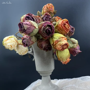 SunMade 3 Kafaları Kurutulmuş Görünümlü Vintage Güller İpek yapay çiçekler Ev Düğün Dekor Kırmızı Gül Güz Dekor Flores Artificales