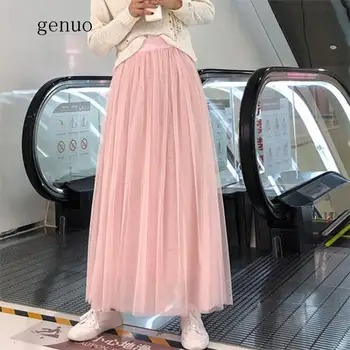 98cm Maxi Tül Etek Kadın Moda 2020 İlkbahar Yaz Ayak Bileği Uzunluğu Yüksek Bel Pilili Uzun Örgü Etek Kadın Pembe Gri