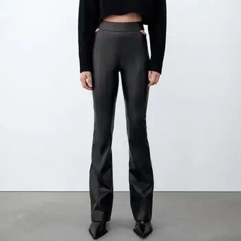 Kore moda suni deri pantolon kadın seksi pu deri pantolon vintage hollow out siyah flare pantolon punk giyim streetwear