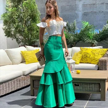 Zarif Yeşil Mermaid Saten Etekler Kadınlar İçin Parti Ruffles Katmanlı Uzun Kadın Etek Fermuar Custom Made Maxi Etek Yeni