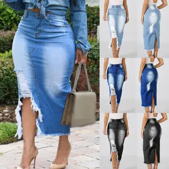 Sıcak satış!!! Kadın Moda Yüksek Bel Yırtık Bölünmüş Denim Sıkıntılı Kot Bodycon Uzun Etek Toptan Dropshipping