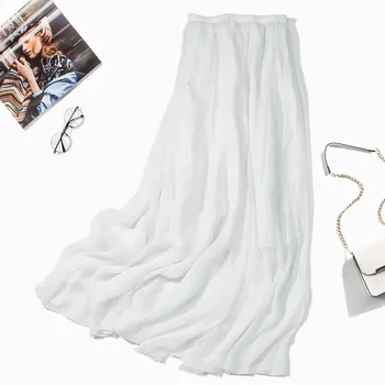 Kadın 100 % İpek Maxi Etek Düz Beyaz Renk İki Katmanlı Pilili Uzun Etek Yaz Plaj JN010