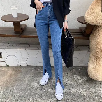 Mavi Streetwear Bölünmüş Kot 2022 Yüksek Kaliteli Şık Moda Şık Yüksek Bel Kadınlar Casual İnce Denim Flare pantolon