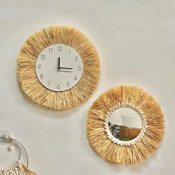 2 Adet Rafya Duvar Saati İskandinav Kabuk Saç Topu Rafya Dekoratif Ayna Oturma Odası Duvar Asılı Yatak Odası Duvar Asılı Ayna