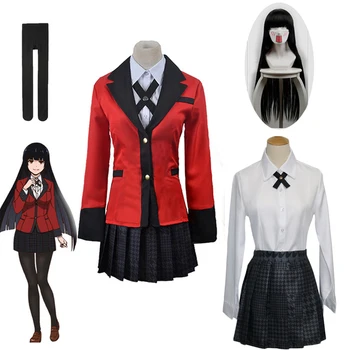 Anime Kakegurui Cosplay Jabami Yumeko Kostümleri Tam Set Japonya Okul Kız Üniforma Ceket + Gömlek + Etek + Çorap + Kravat Peruk C88132AD