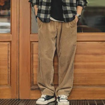 Maden Japon Retro Gevşek Kadife Pantolon Geniş Bacak Orta Bel Çizgili Kadife Düz Pantolon erkek Kış Rahat Kargo Pantolon