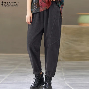 2022 ZANZEA Sonbahar Kadınlar Vintage Kadife harem pantolon Gevşek Şalgam Palazzo Katı Retro Yüksek Bel Pantolon Rahat Uzun Pantalon