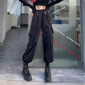 HOUZHOU Siyah Kargo pantolon Kadın Streetwear Harajuku Gotik Yüksek Bel Pantolon Techwear Kpop Büyük Boy Sonbahar Kış Gevşek pantolon