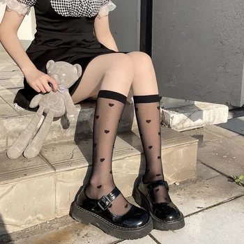 Kalp Baskı Uzun Çorap İç Çamaşırı Seksi Mesh Fishnet Yüksek Diz Çorap Kadın Yaz Naylon İnce Şeffaf Lolita Kawaii Çorap