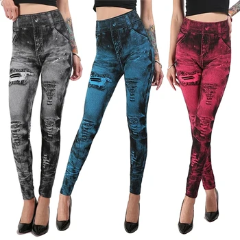 2021 Kadınlar Yeni Moda Klasik Sıkı tayt Seksi Taklit Jean Sıska Jeggings dar pantolon Büyük Boy Dipleri Sıcak Satış