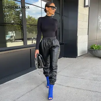 ANJAMANOR Seksi Siyah PU deri pantolon Iş Şık Yüksek Bel Pantolon Moda Kış Giysileri Kadın Toptan Ürünler D13-CG43