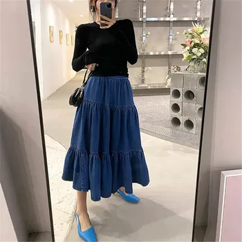Artı Boyutu 5xl Gevşek Uzun Dikiş Kek Pilili Etek Kadın Sonbahar Mavi Kot Etek Kore Moda Basit Vintage Uzun Etek