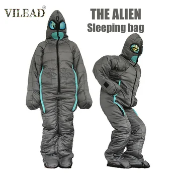 Vılead Gri Alien Şekilli Kamp Ekipmanları Çadır Aşağı Uyku Tulumu Takım Elbise-5℃ Kış Uyku Kamp Malzemeleri