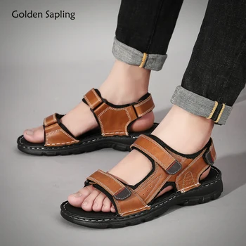 Altın Fidan Klasikleri erkek Sandalet Retro rahat ayakkabılar Hakiki Deri Yaz Sandalet Erkekler Eğlence Düz Nefes Açık Ayakkabı