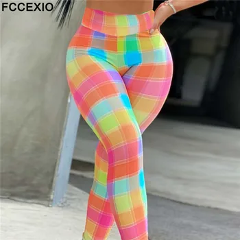 FCCEXIO 2022 Renk Izgara 3D Baskı Kadın Pantolon Push Up Koşu Spor Tayt ince pantolon Kadın günlük pantolon Spor Legging