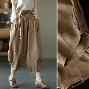 2023 İlkbahar Yaz Retro Kırpılmış Pantolon Elastik Bel Kadın Pantolon Gevşek Olgunlaşanlar Pamuk Keten Rahat Geniş Bacak Pantolon Kadın