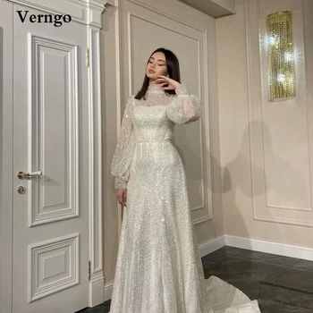 Verngo Mütevazı Glitter Uzun Kollu Gelinlik Yüksek Boyun Dantel Geri Sweep Tren gelinlikler Kadın Resmi Elbise 2022