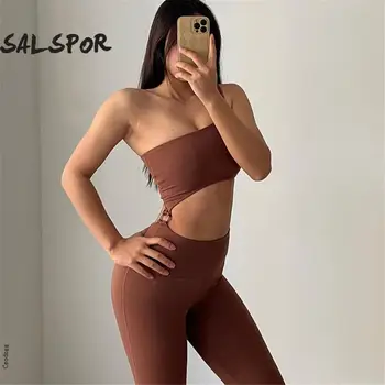 SALSPOR Dikişsiz Spor Setleri Pull-Up Tek Parça Yoga Seti Bir Omuz Tayt spor elbise Spor Egzersiz kadın kıyafetleri