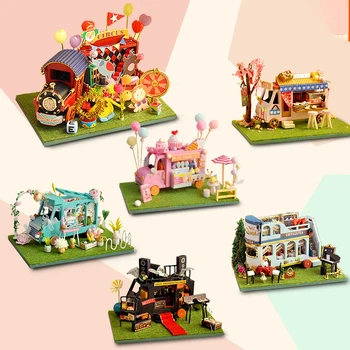 DIY Mini Araba Dükkanı Dollhouse Sirk Çiçek Kanto Pişirme Kiti Monte Minyatür Mobilya Bebek Evi Oyuncaklar Çocuklar Kızlar için
