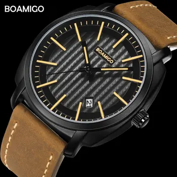 moda erkek saatler BOAMIGO üst marka lüks kuvars saatler deri kayış su geçirmez kol saatleri otomatik tarih Relogio Masculino