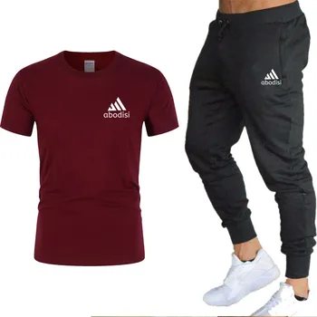 Yeni erkek pamuklu kısa kollu t-shirt + koşu siyah spor pantolon rahat iki parçalı moda marka spor
