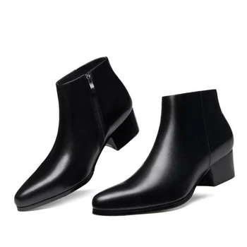 Sonbahar kış yeni erkek 5 CM yüksek topuklu sıcak hakiki deri yarım çizmeler ayakkabı erkekler iş elbisesi iş çizmeleri siyah düğün ayakkabı