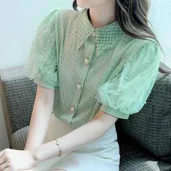 Zarif Moda Polo yaka oyma dantel Bluzlar Kadın 2022 Yaz Kore Gevşek Boncuk Örgü Puf Kollu Tatlı kadın Gömlek