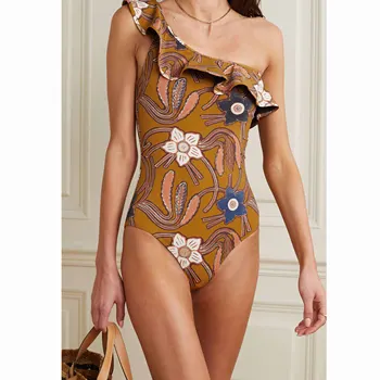 Bir Omuz Vintage Çiçek Baskı Tek parça Mayo Bikini 2022 Kadın Yeni Kız Plaj Mayo Dantel Mayo