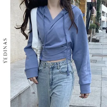 Yedinas Sonbahar Katı kısa kapşonlu üst Kore Tarzı Kazak Bahar Harajuku Rahat Moda Uzun Kollu Kadın Kazaklar Blusas Tops