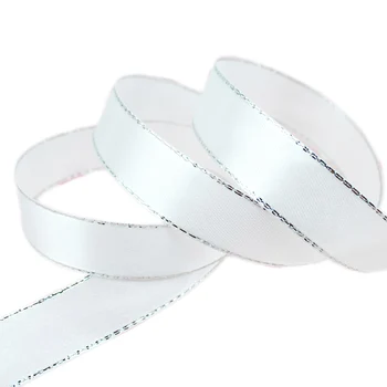 (25 yards / rulo) Beyaz Gümüş Kenar Saten Kurdele Toptan yüksek kaliteli hediye paketleme Noel şeritler (6/10/20/25 / 40mm)