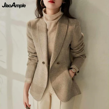 Sonbahar Kış kadın Taklit yün paltolar 2021 Ofis Bayan Zarif Tek Düğme Takım Elbise Ceket Yüksek Kaliteli Katı Haki Dış Giyim