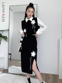 LANMREM 2023 Bahar Yeni Kadın Uzun Kollu Beyaz Gömlek Çiçek Yelek Siyah Renk Elastik Bel Etek Kadın Moda 2J405