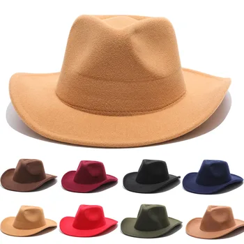 2020 Batı kovboy kış fötr şapkalar kadınlar için moda Düz geniş Ağızlı Keçe Caz Degrade Şapkalar erkekler için goth üst kapağı