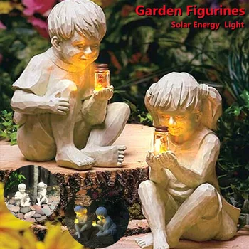 Çocuk Erkek Kız Güneş Enerjisi Ateşböcekleri ışık Bahçe Heykeli Reçine Kavanoz Erkek Kız Heykeli Çiçeklik Yard Açık Heykel Dekor